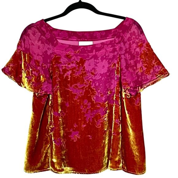 Maeve Anthropologie Velvet Burnout Blouse XS Pink‎ Gold Floral Sheer Silk Blend - Picture 2 of 11